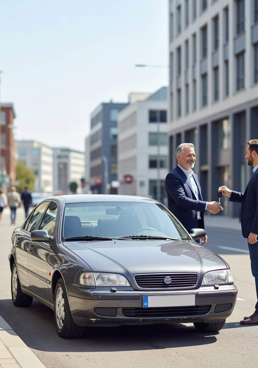 Team in Waltrop, ein erfahrener Fahrzeugexperte aus Waltrop nimmt das Fahrzeug eines zufriedenen Kunden ab. Seitlich steht der Wagen neben beiden.